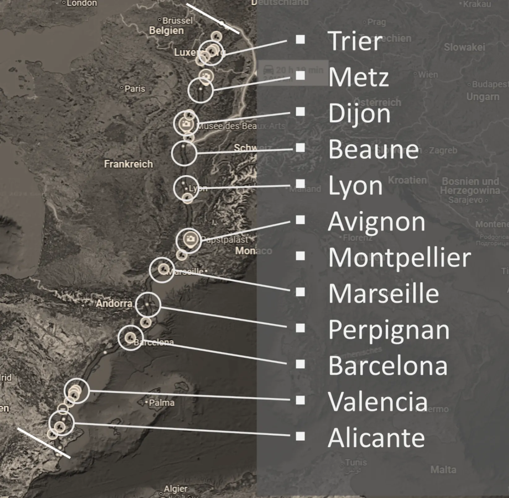 Roadtrip-Karte Trier nach Alicante